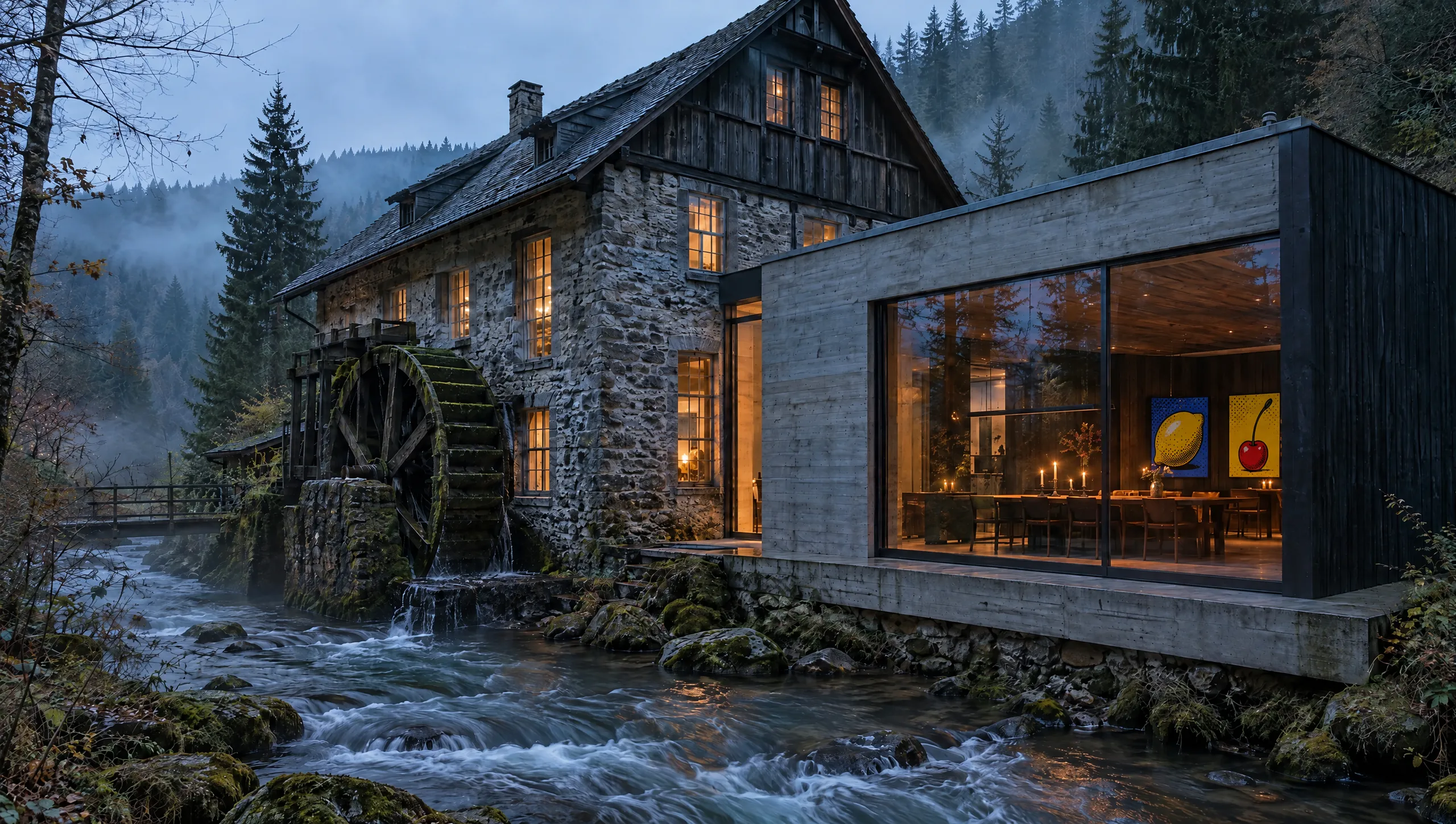 Die Papiermühle zur blauen Stunde: alter Steinbau mit Wasserrad am Mühlbach und gläserner Betonanbau mit dem Speisesaal